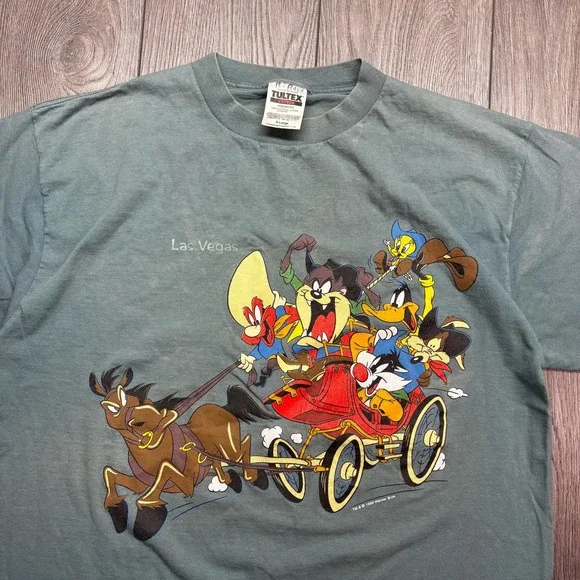 Vintage Looney Tunes Las Vegas 1990s T Shirt Large Green Cartoon Cowboy - Picture 2 of 9